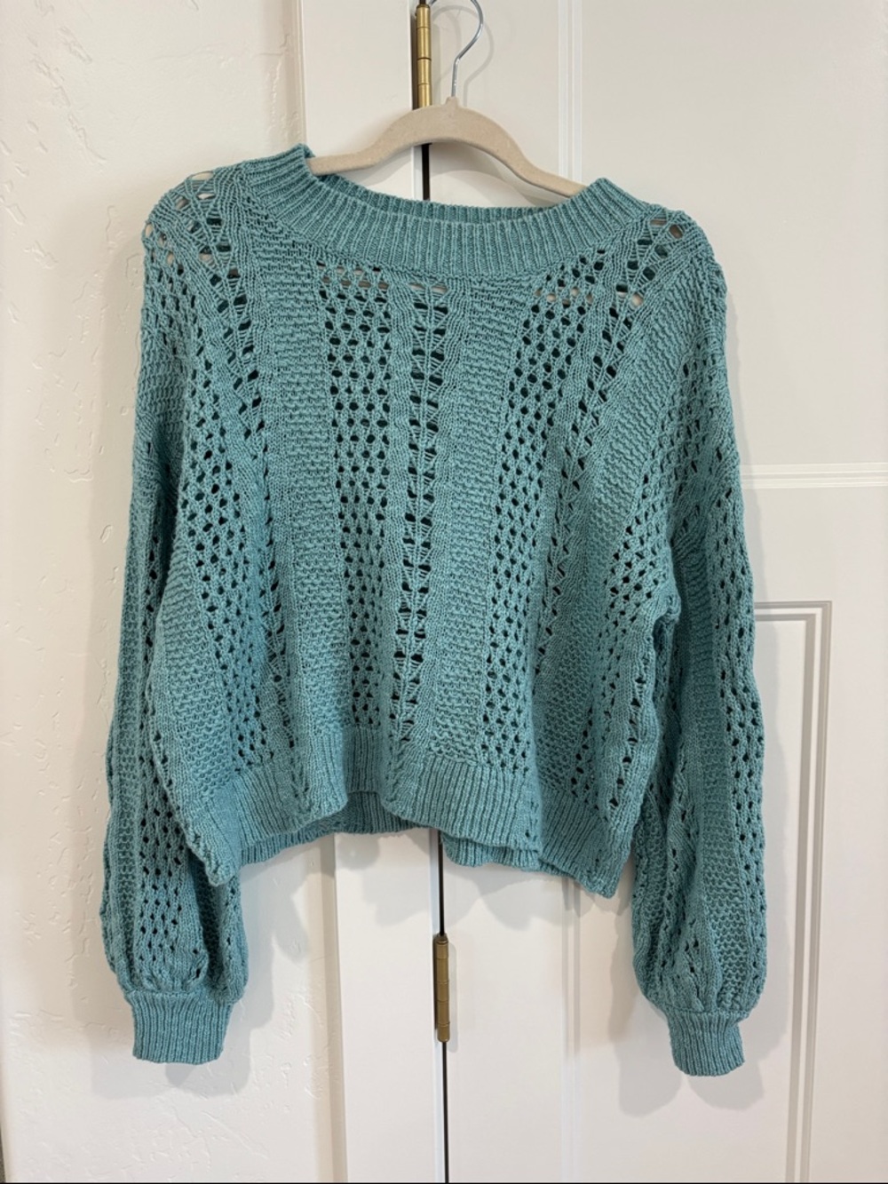 Spell Open-Knit Crewneck Sweater in Teal